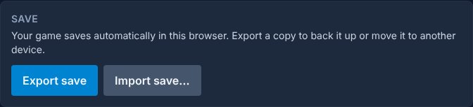 Settings, Save: the Export save and Import save buttons